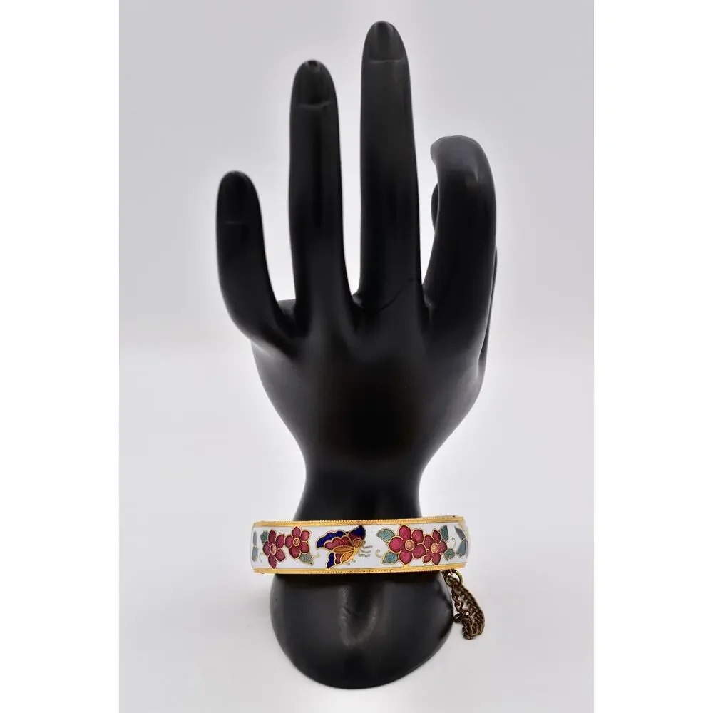 Vintage Cloisonne Enamel Floral Butterfly Gold Tone Hinged Bangle Bracelet BinBR